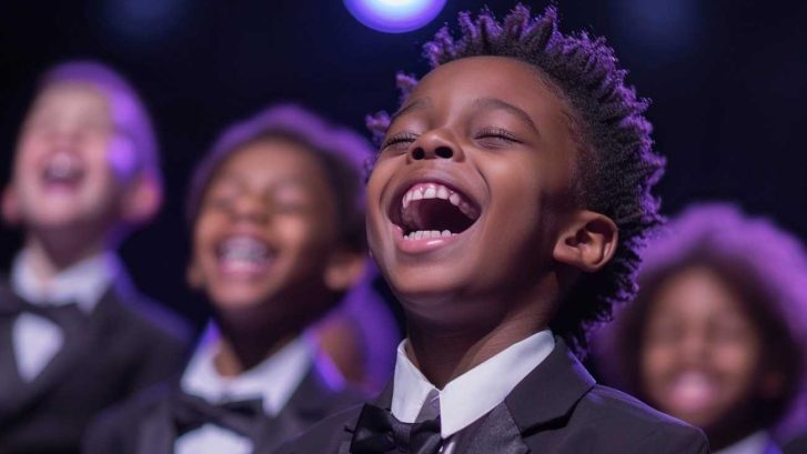 Young boys dressed in tuxedos singing
