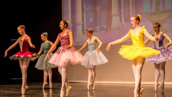 adult ballet female ballerinas in colored tutu's dancing on stage