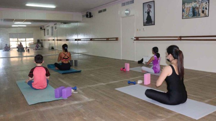 People sitting on the floorcrossed legged in yoga class