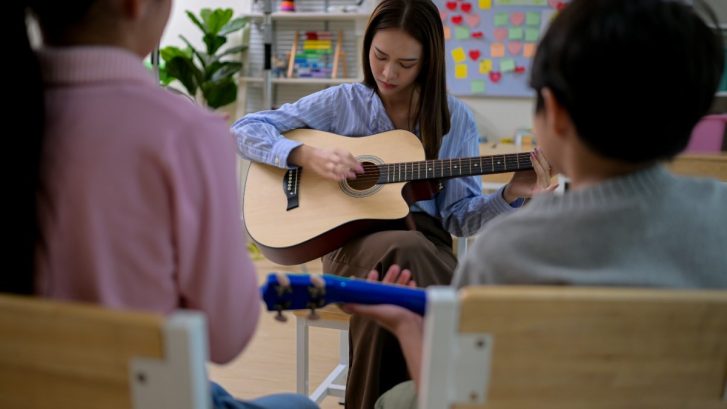 Guitar Class, Teacher and students in music classroom